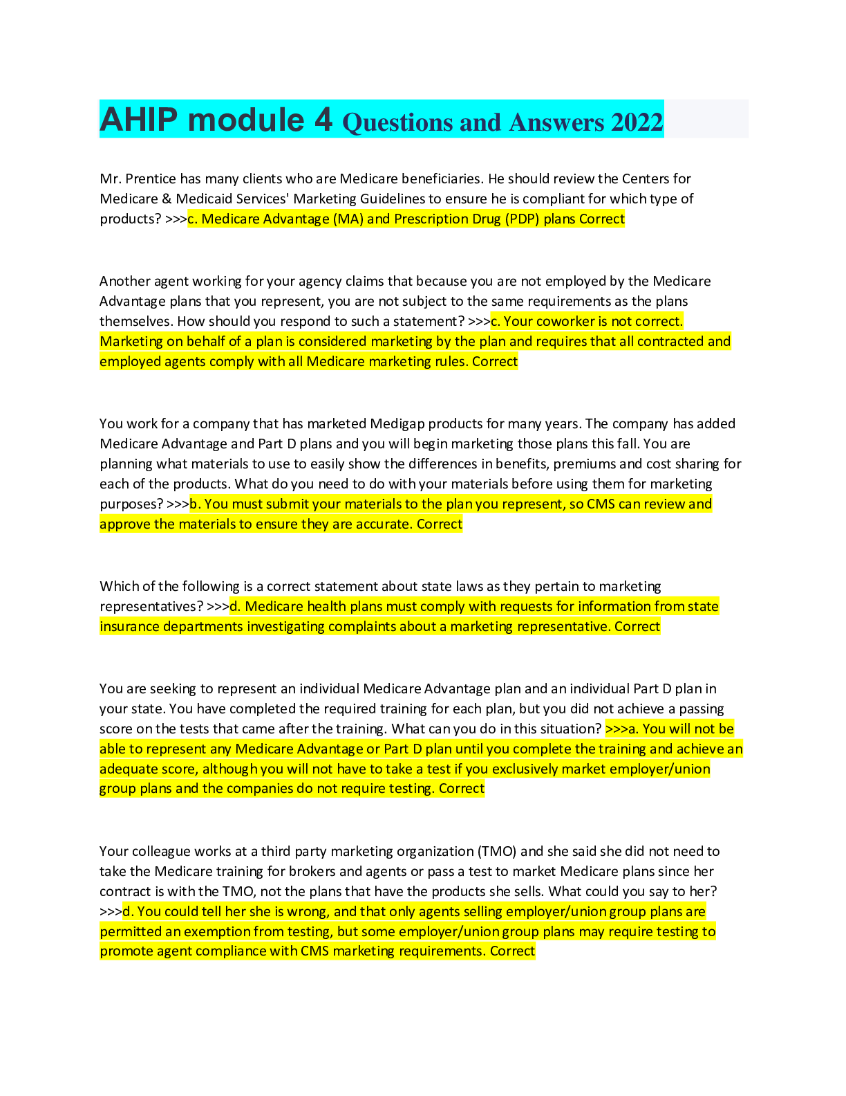 Preview of AHIP 2022 module 4 Questions and  Correct Answers
